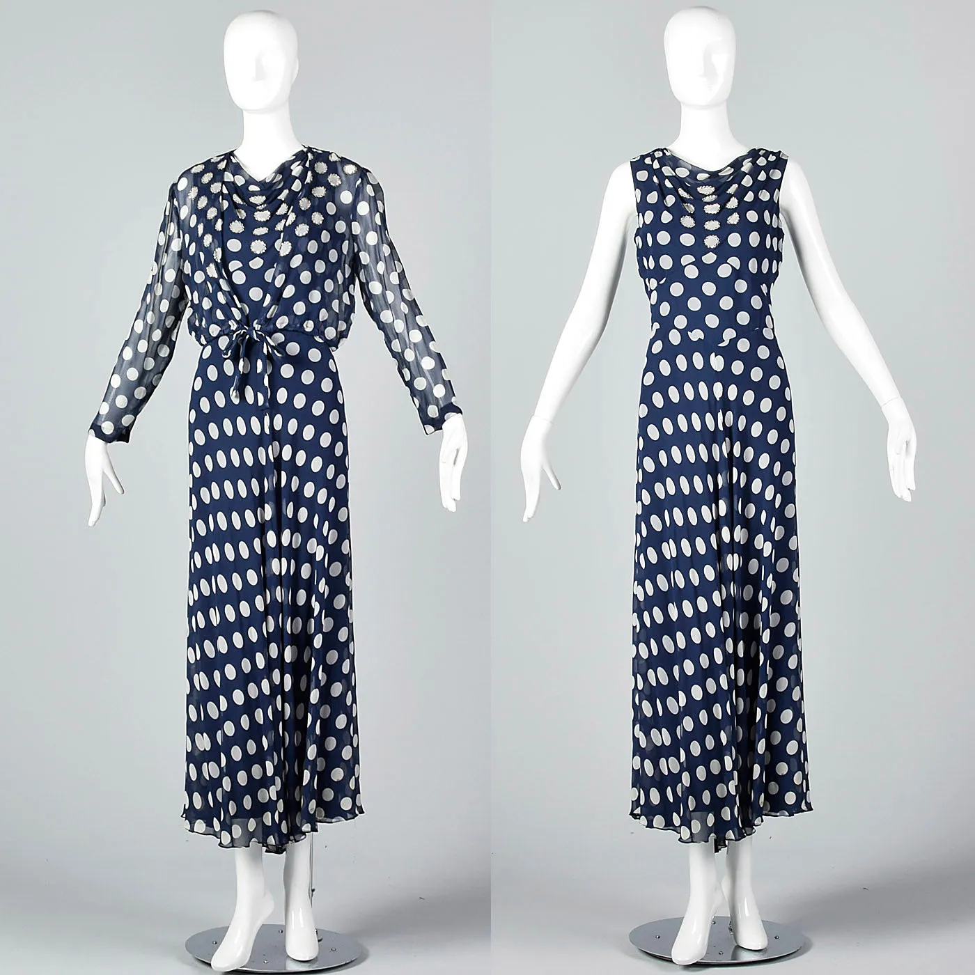 1970s Navy Dress with White Polka Dots