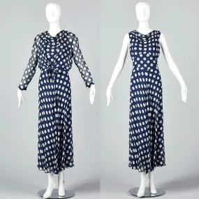 1970s Navy Dress with White Polka Dots