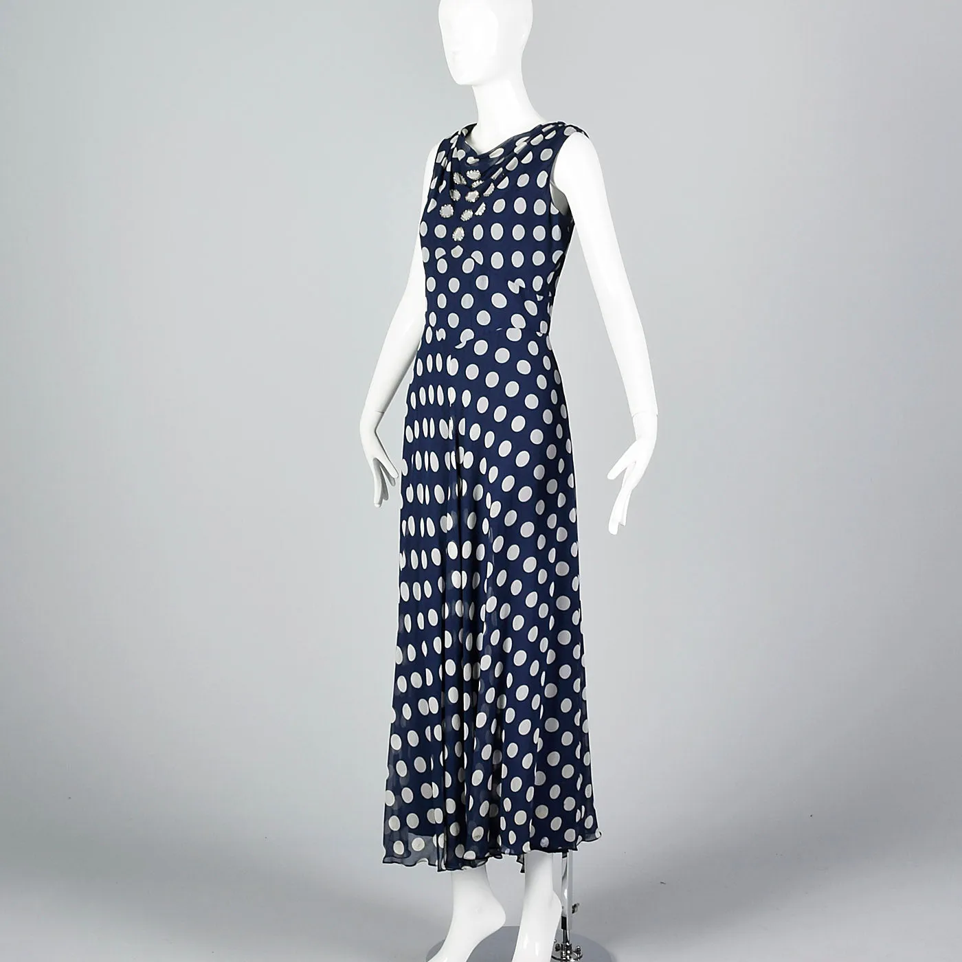 1970s Navy Dress with White Polka Dots