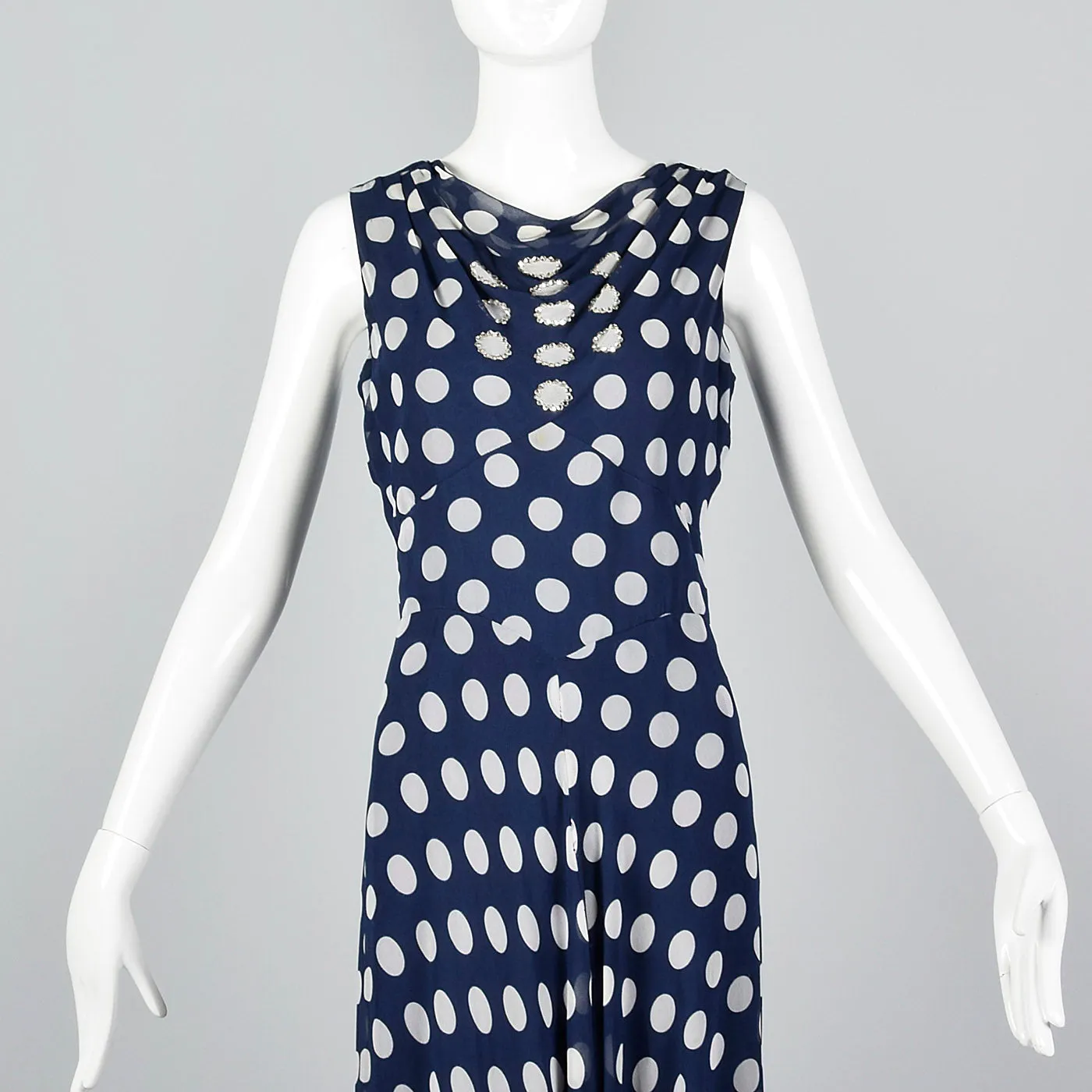 1970s Navy Dress with White Polka Dots