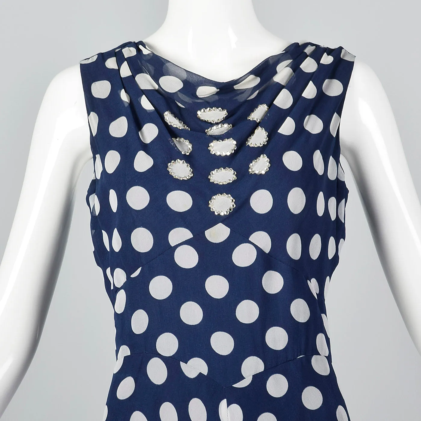 1970s Navy Dress with White Polka Dots