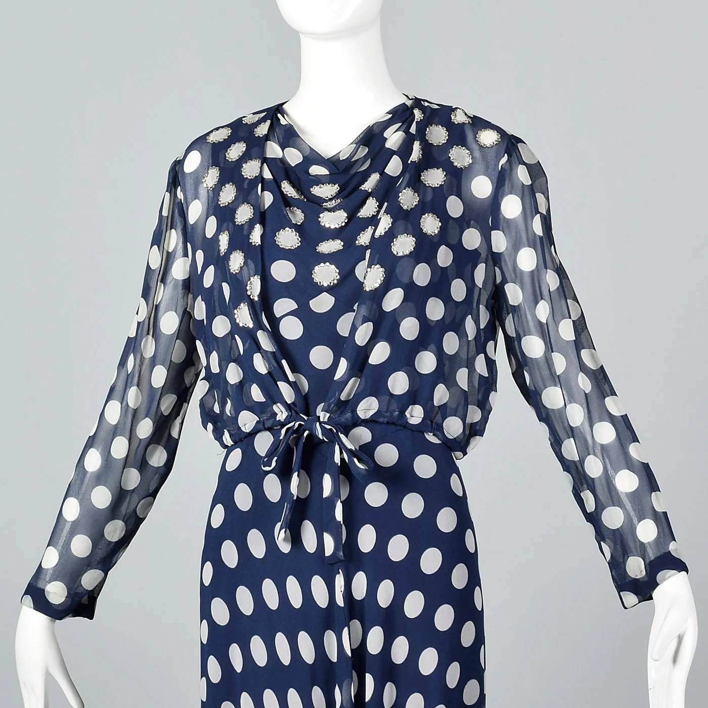 1970s Navy Dress with White Polka Dots