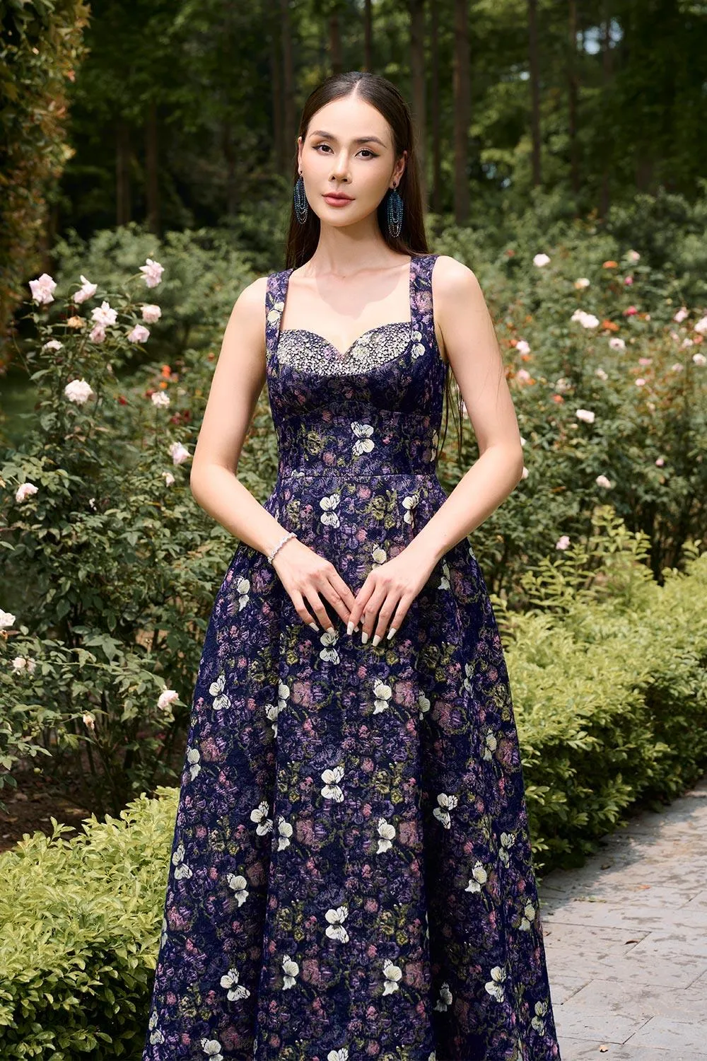 Asia Fit and Flare Sleeveless Jacquard Ankle Length Dress