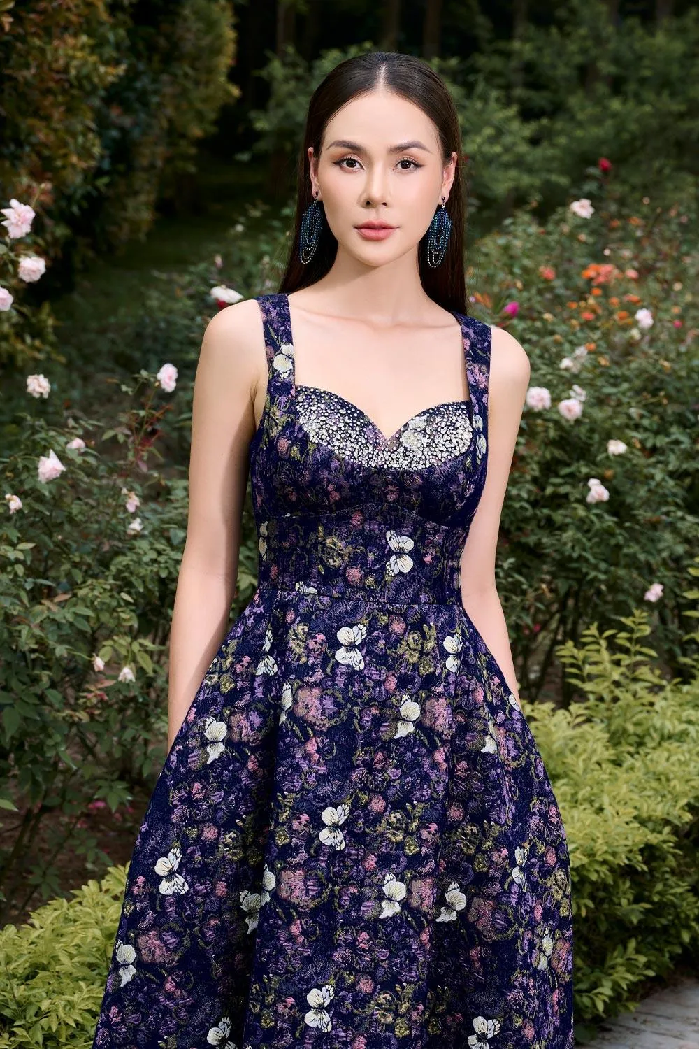 Asia Fit and Flare Sleeveless Jacquard Ankle Length Dress