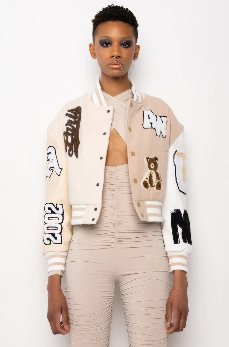 AZALEA WANG BEIGE RUELA VARSITY JACKET