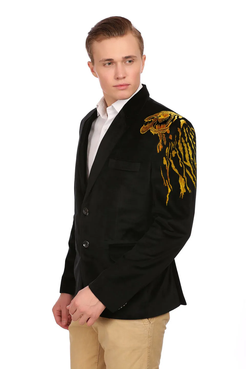 Black Velvet Blazer with Gold Embroidery
