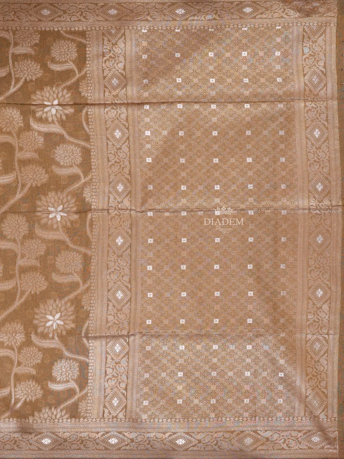 Brown Semi Tussar Silk Saree with Small Flower Design on the Body and without Border