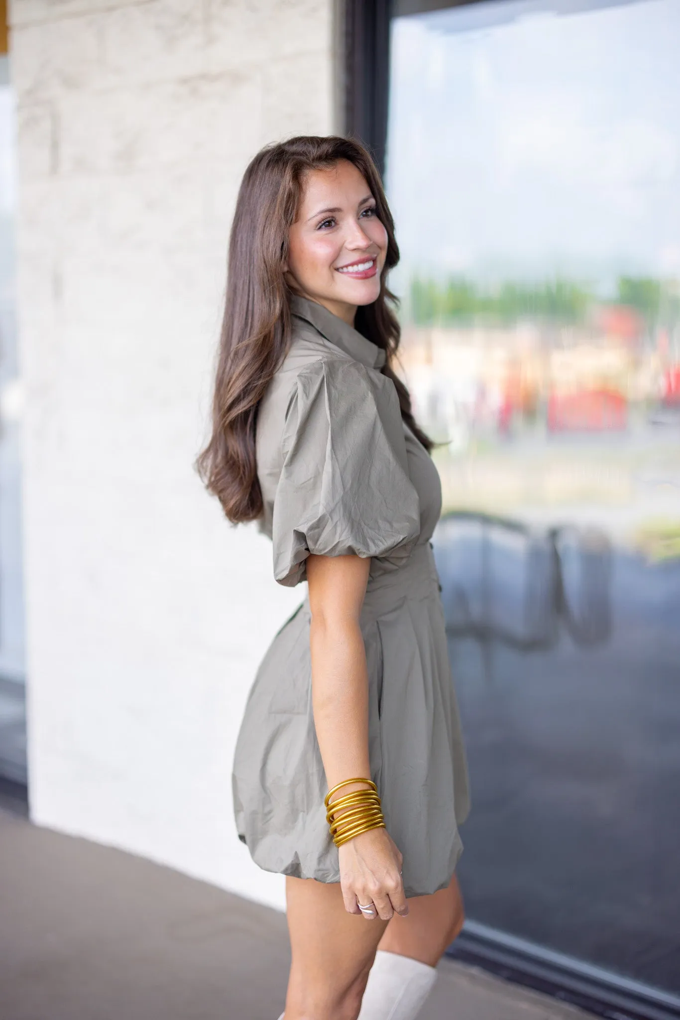 Bubble Hem Olive Shirt Dress