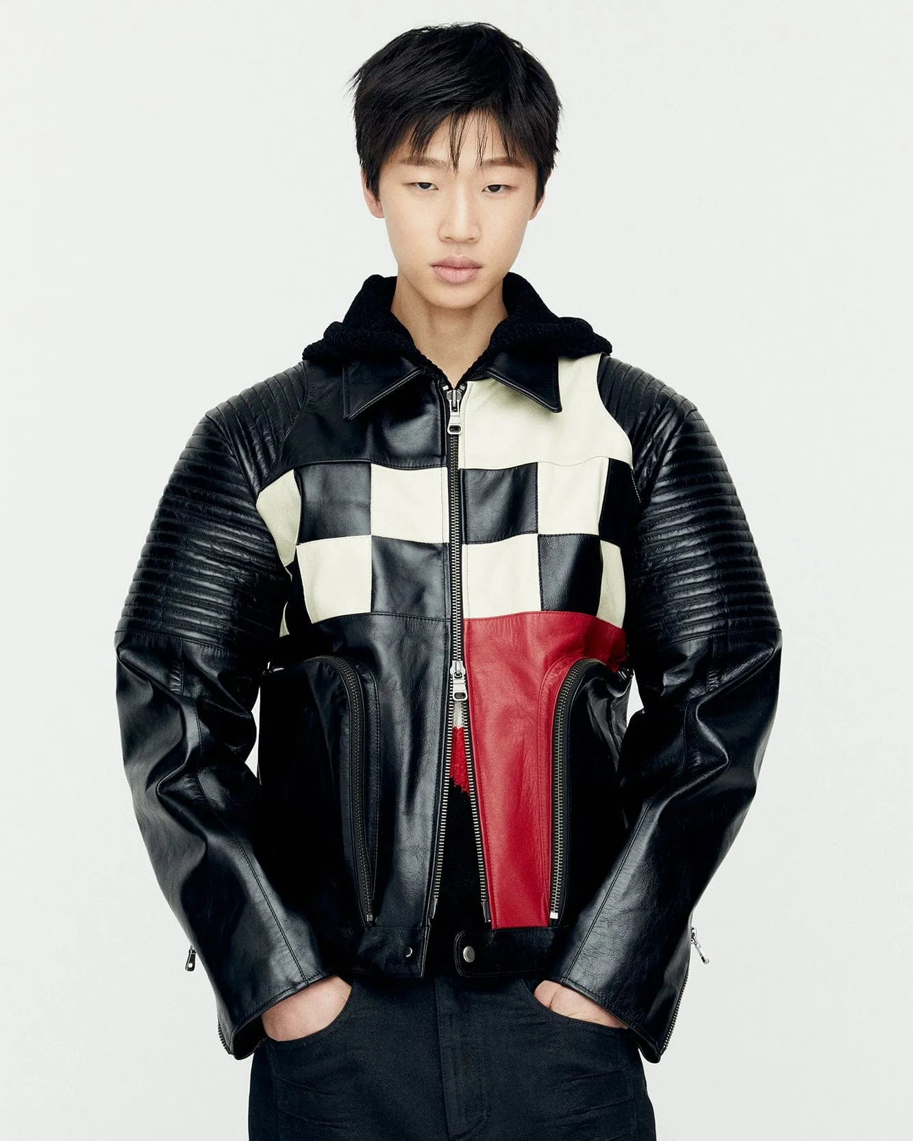 CHECKERBOARD PATCHWORK LEATHER BIKER JACKET awa632m(BLACK)