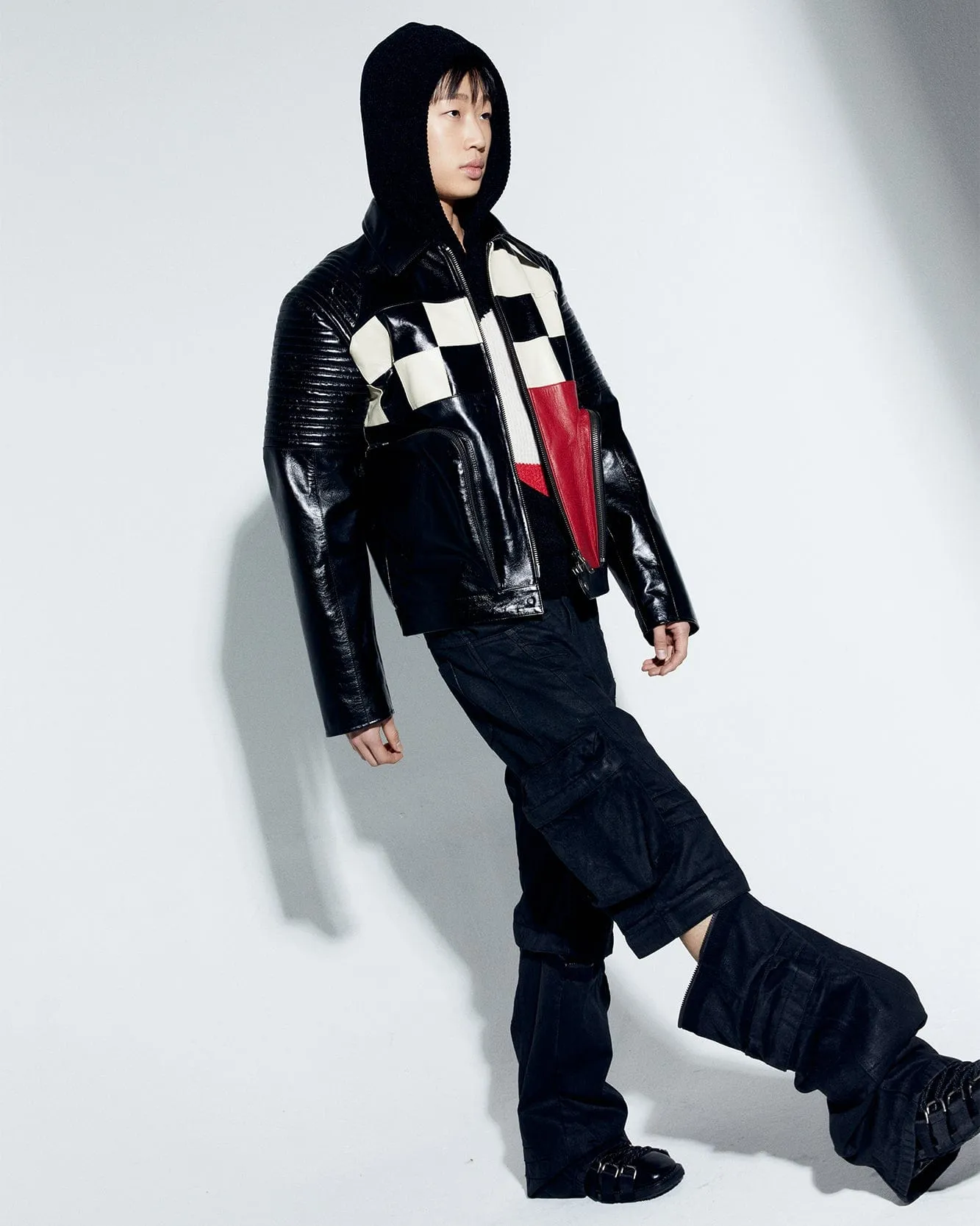 CHECKERBOARD PATCHWORK LEATHER BIKER JACKET awa632m(BLACK)