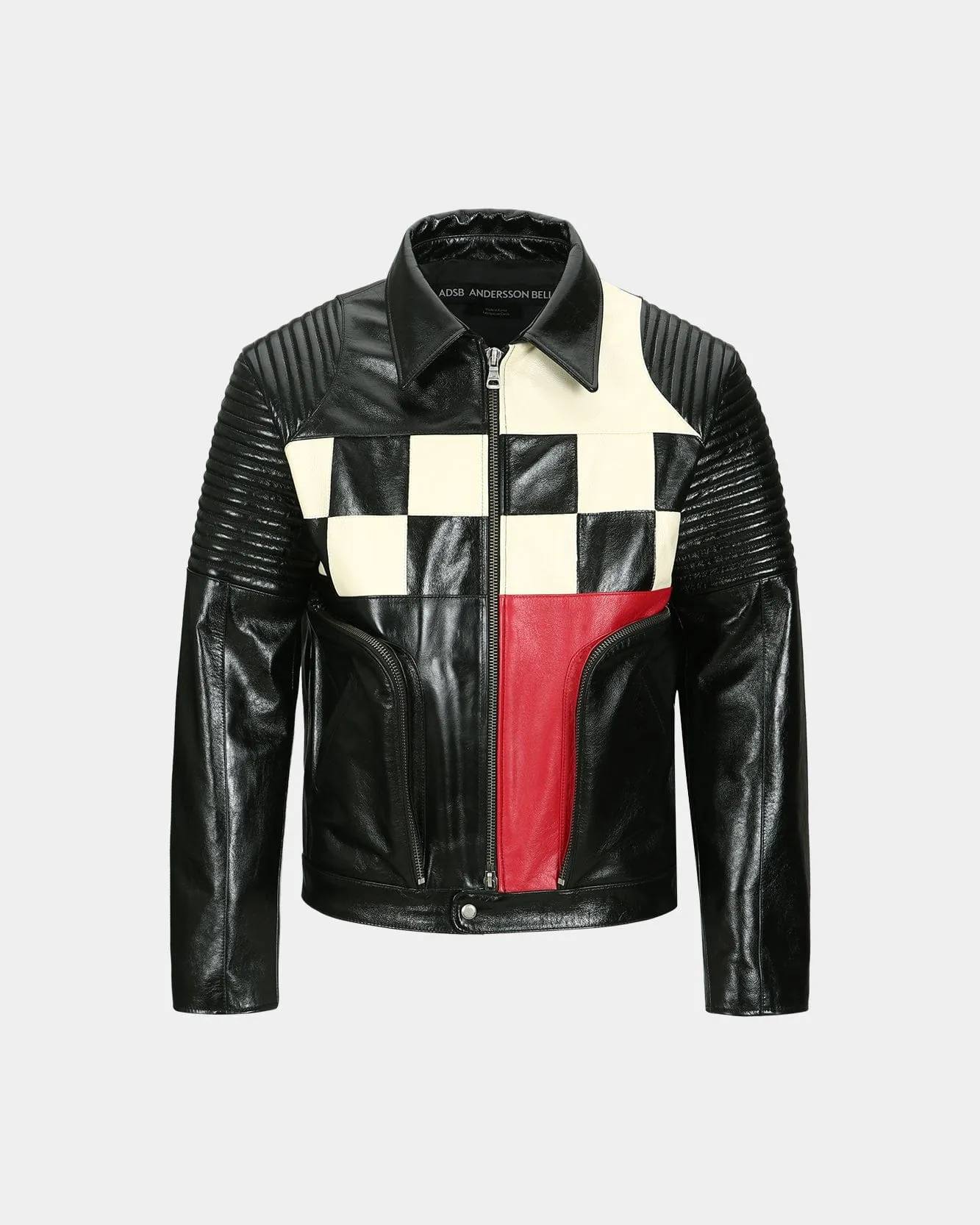 CHECKERBOARD PATCHWORK LEATHER BIKER JACKET awa632m(BLACK)