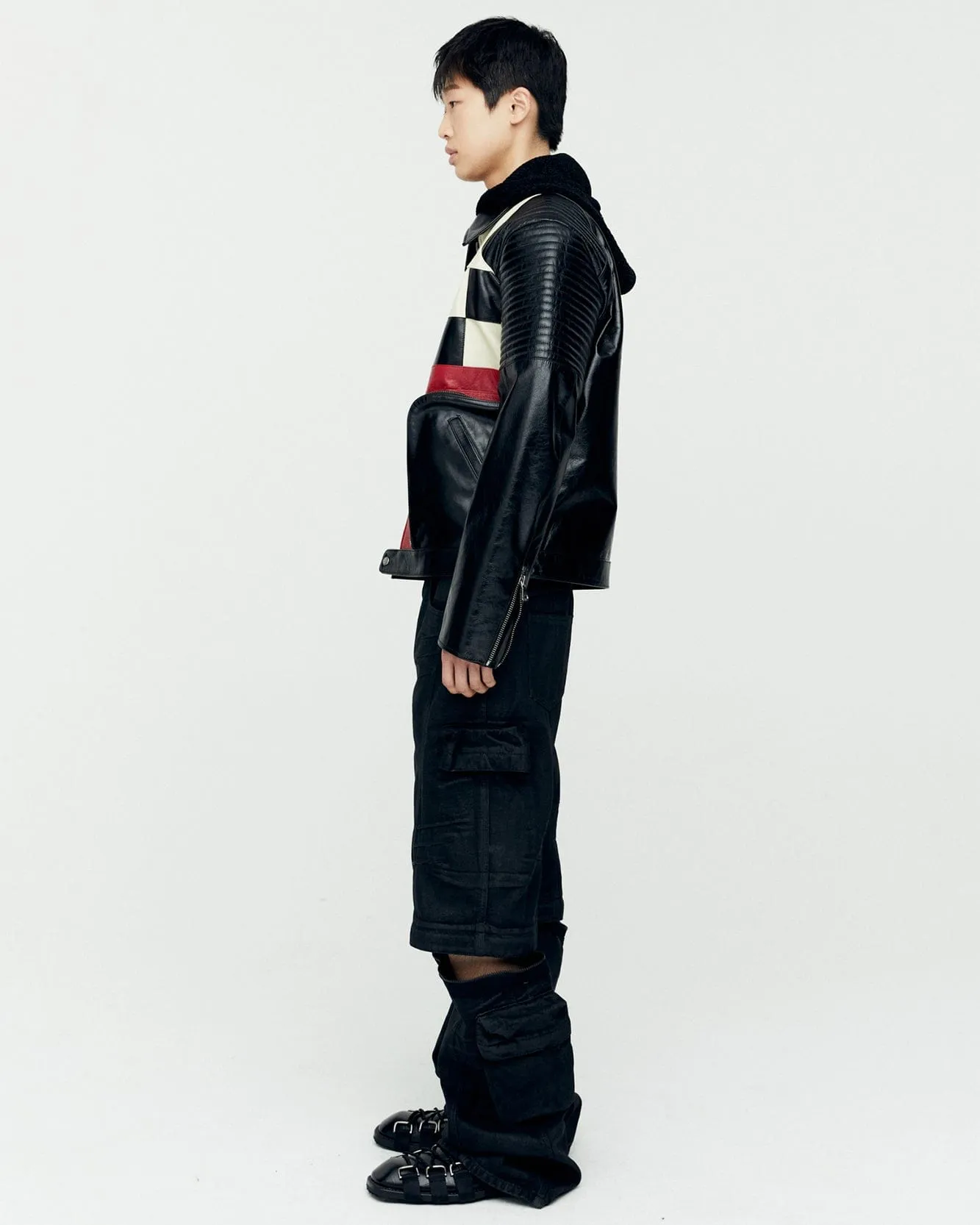 CHECKERBOARD PATCHWORK LEATHER BIKER JACKET awa632m(BLACK)