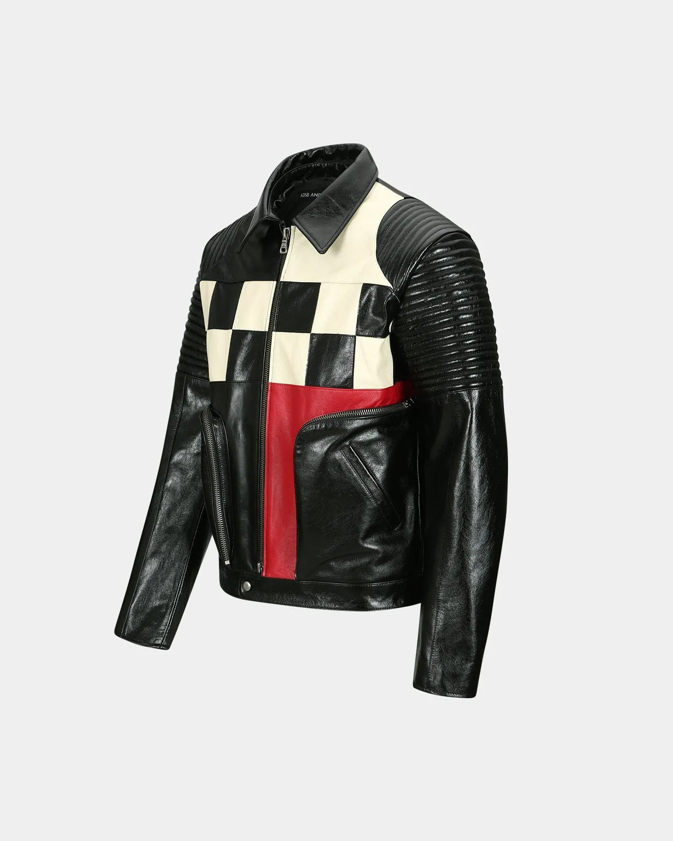 CHECKERBOARD PATCHWORK LEATHER BIKER JACKET awa632m(BLACK)