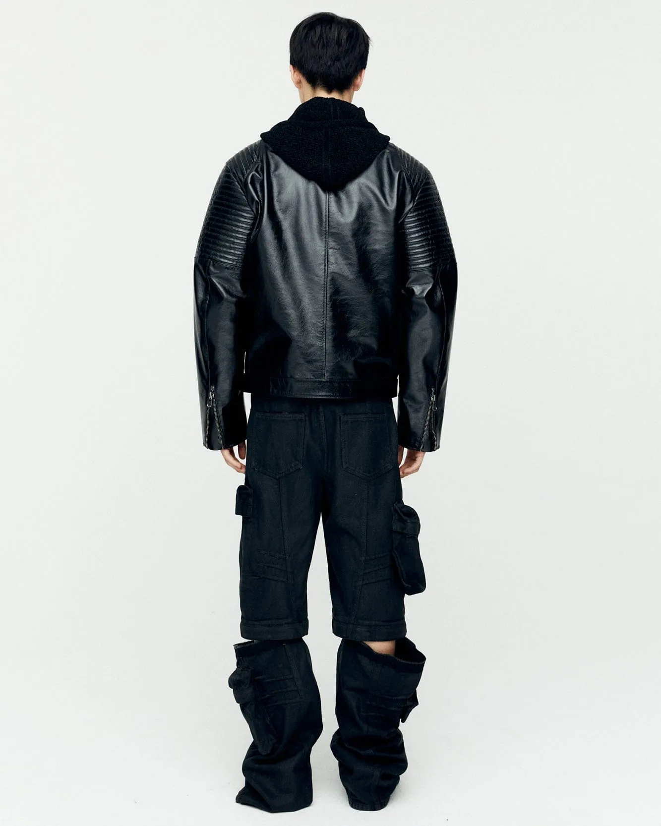CHECKERBOARD PATCHWORK LEATHER BIKER JACKET awa632m(BLACK)