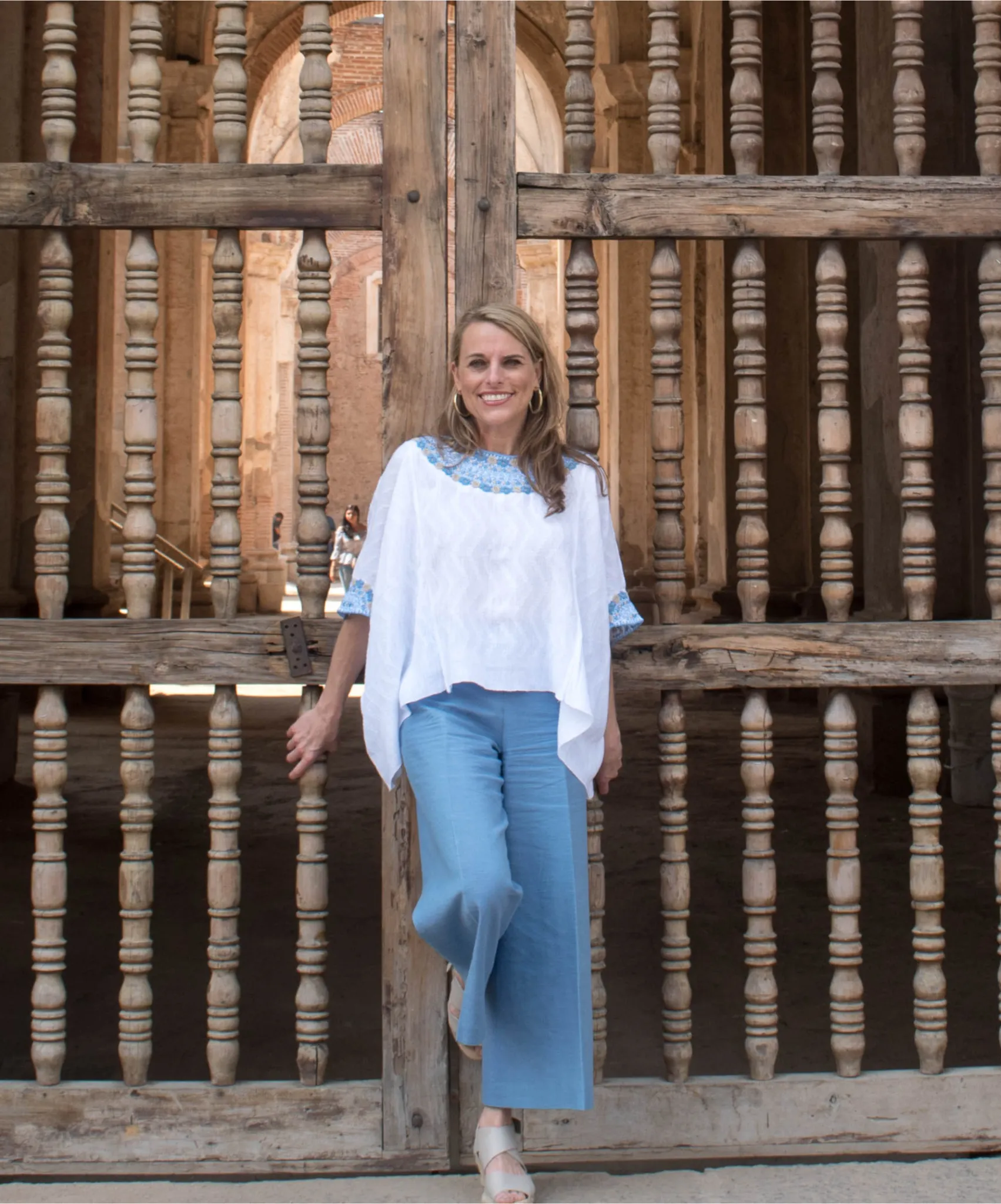 Evelyn Embroidered Guatemalan Top - White, French Blue, & Taupe