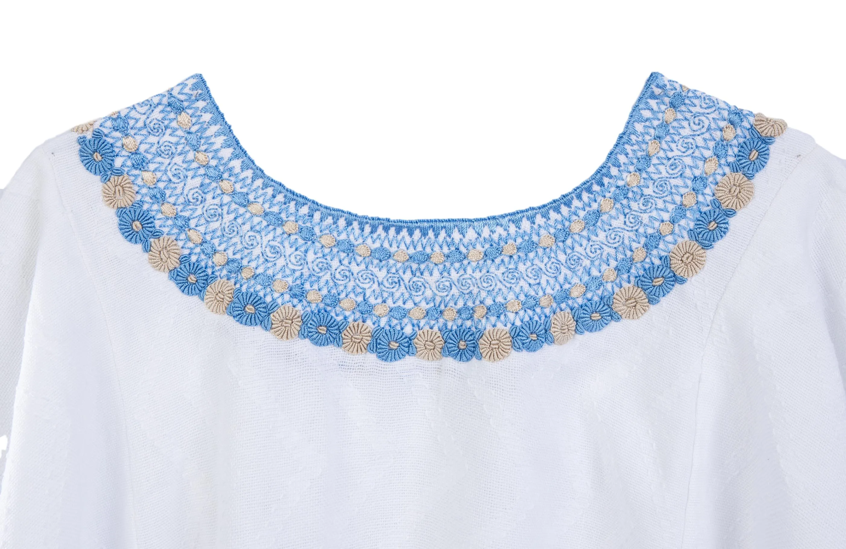 Evelyn Embroidered Guatemalan Top - White, French Blue, & Taupe