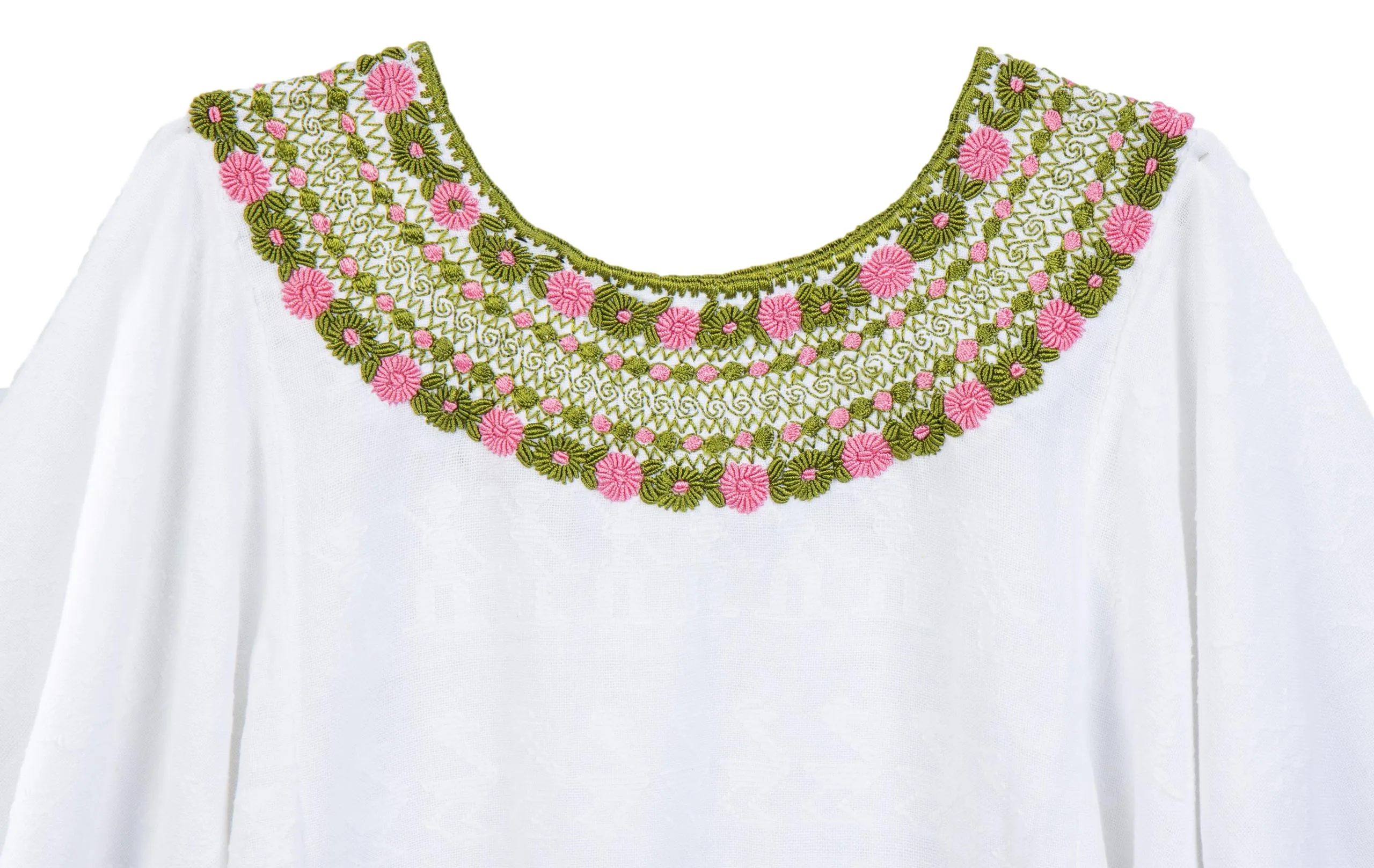 Evelyn Embroidered Guatemalan Top White, Pink, Moss Green