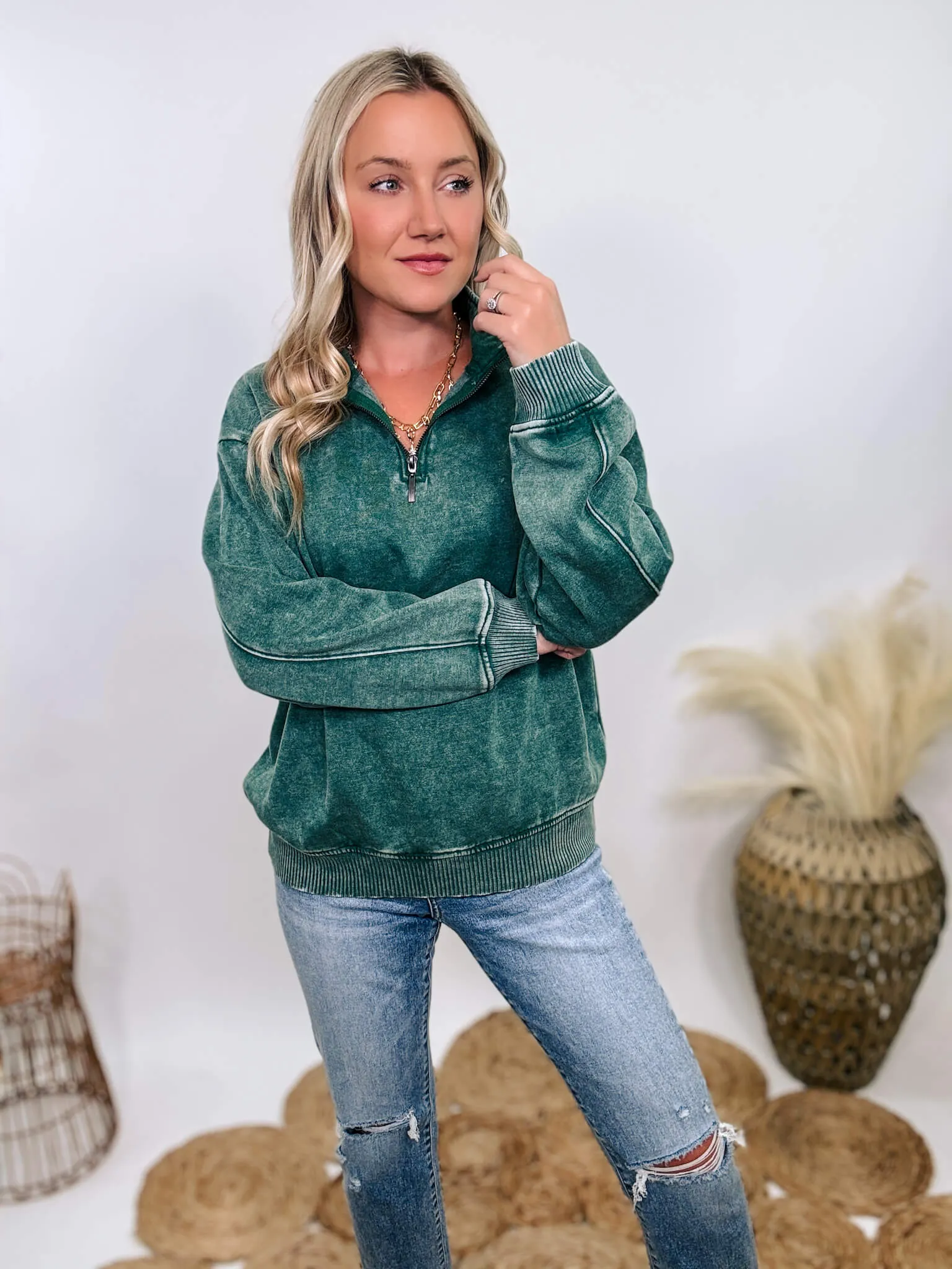 Forest Green Acid Washed Half Zip Fleece Pullover