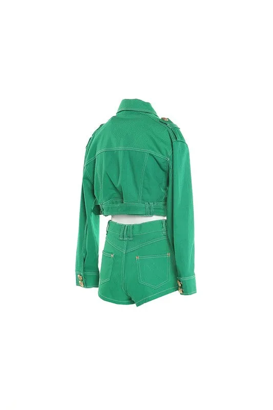 Green Cropped Denim Jacket & Shorts Set