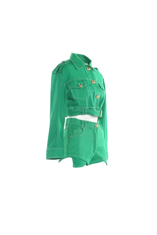 Green Cropped Denim Jacket & Shorts Set