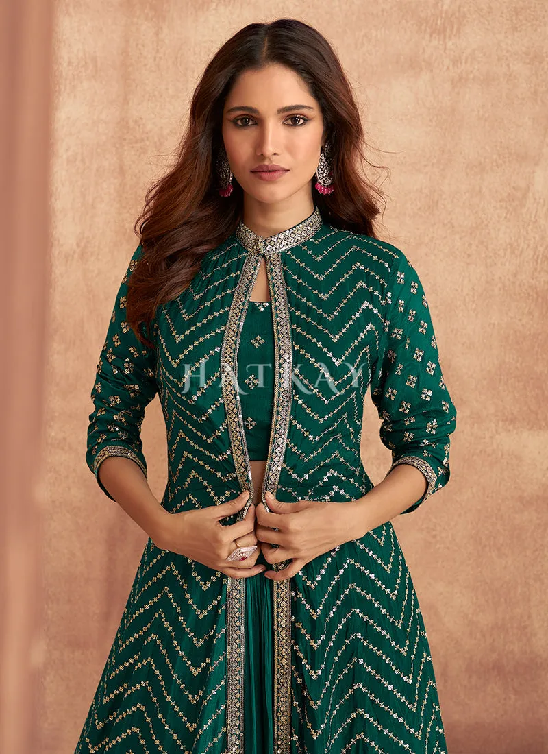 Green Sequence Embroidered Lehenga Choli And Jacket