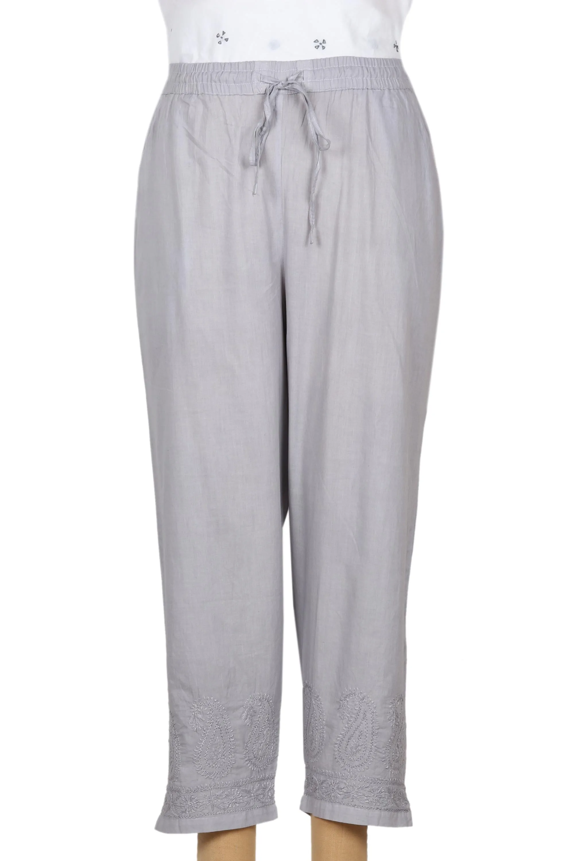 Grey Indian Cotton Cropped Pants with Embroidered Detail - Paisley Greys | NOVICA