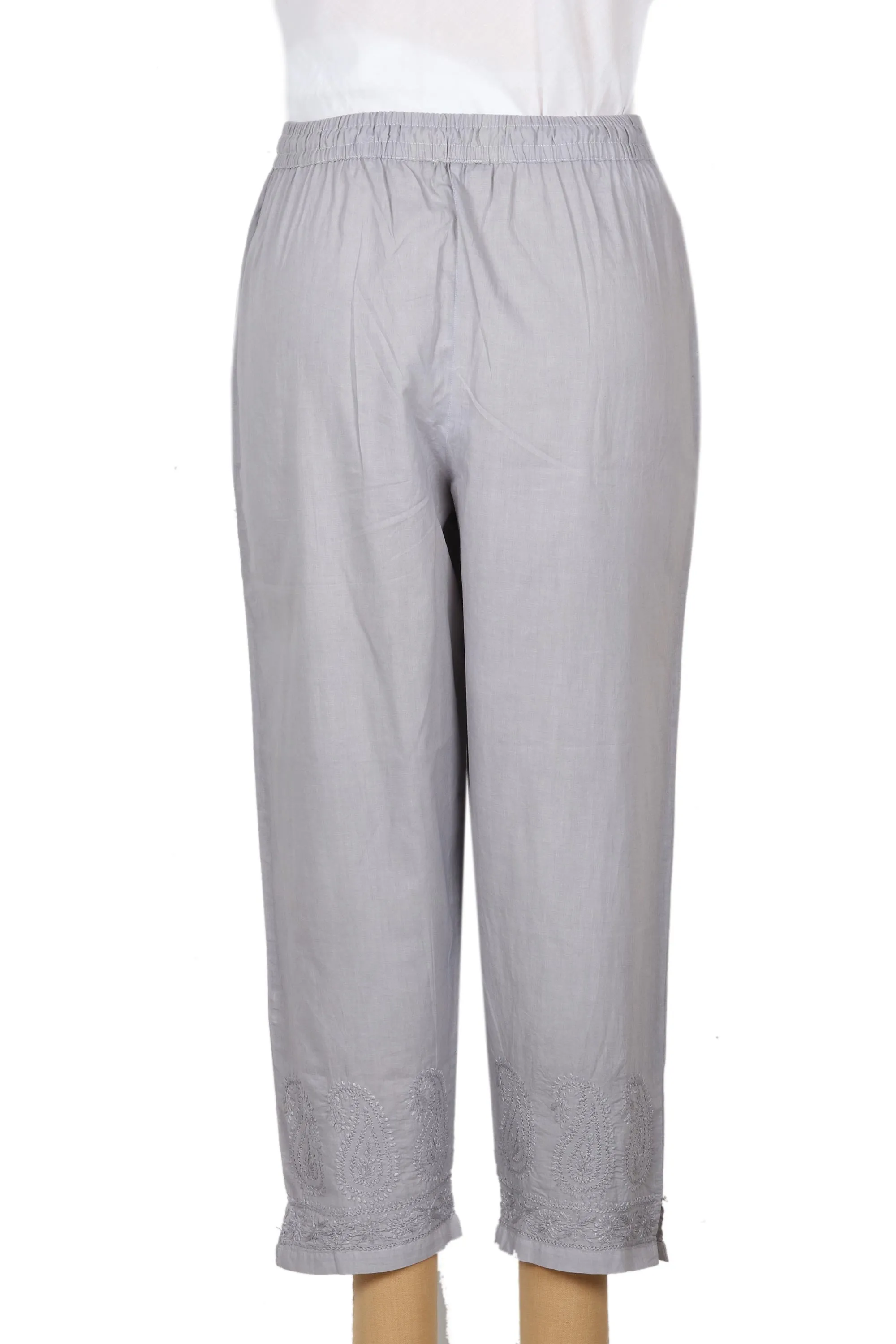 Grey Indian Cotton Cropped Pants with Embroidered Detail - Paisley Greys | NOVICA