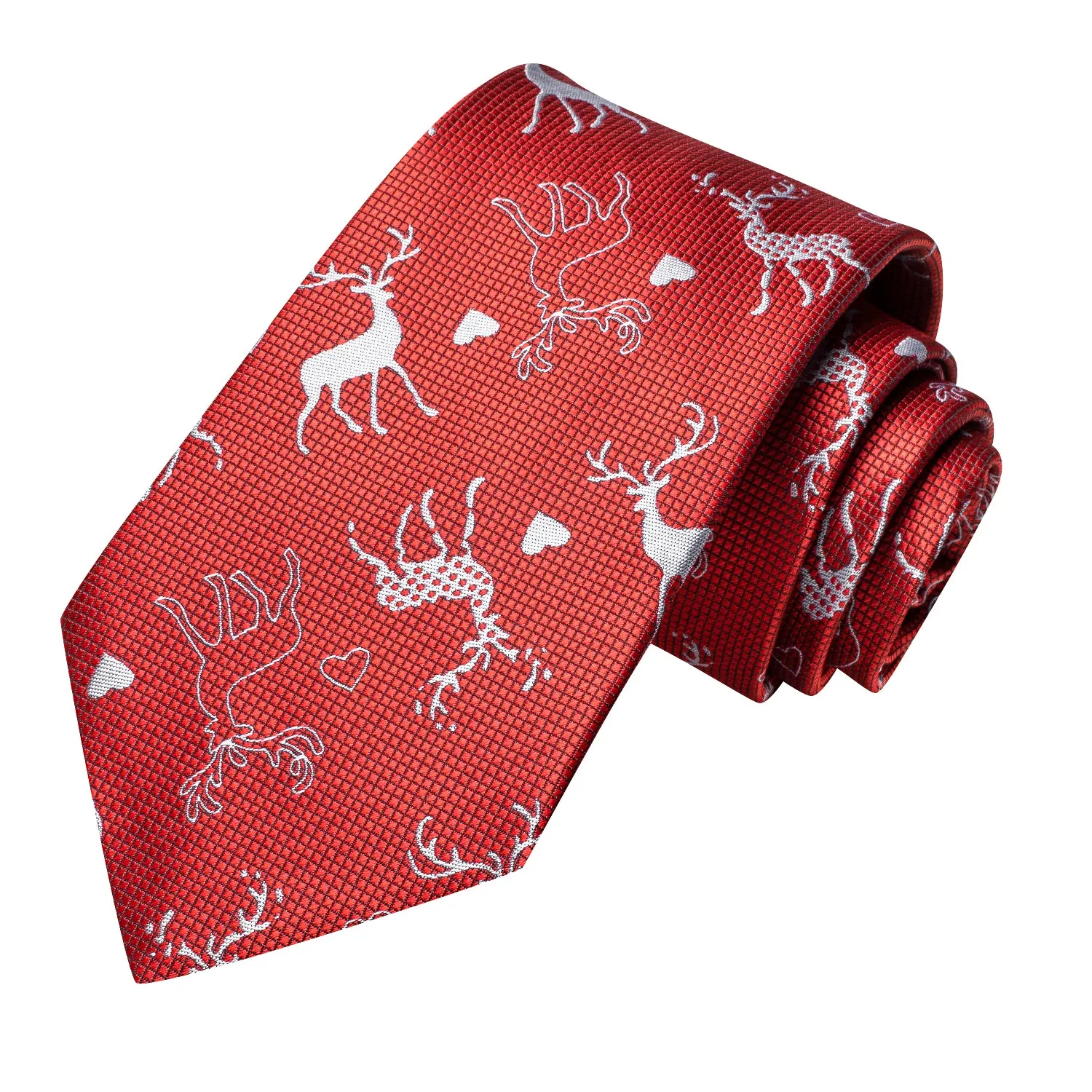 Hi-Tie Red White Elk Christmas Men Necktie Pocket Square Cufflinks Set