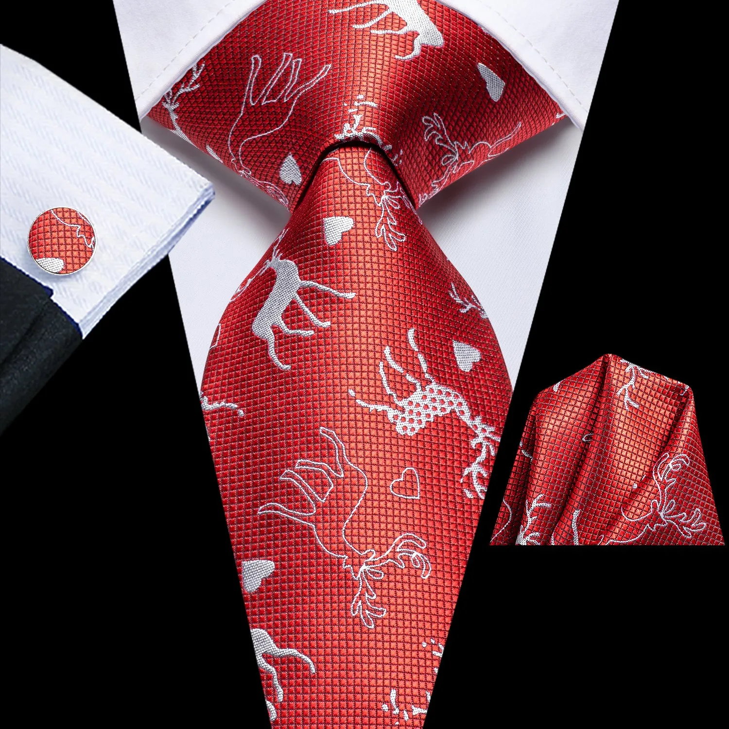 Hi-Tie Red White Elk Christmas Men Necktie Pocket Square Cufflinks Set