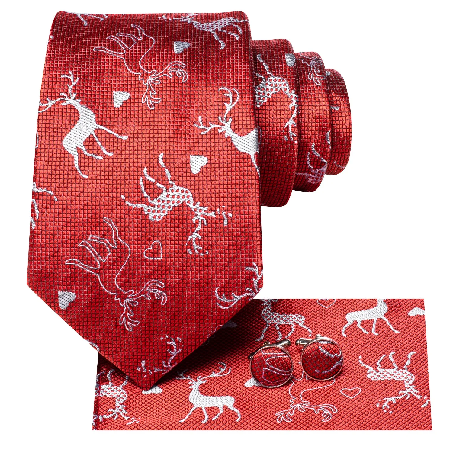 Hi-Tie Red White Elk Christmas Men Necktie Pocket Square Cufflinks Set