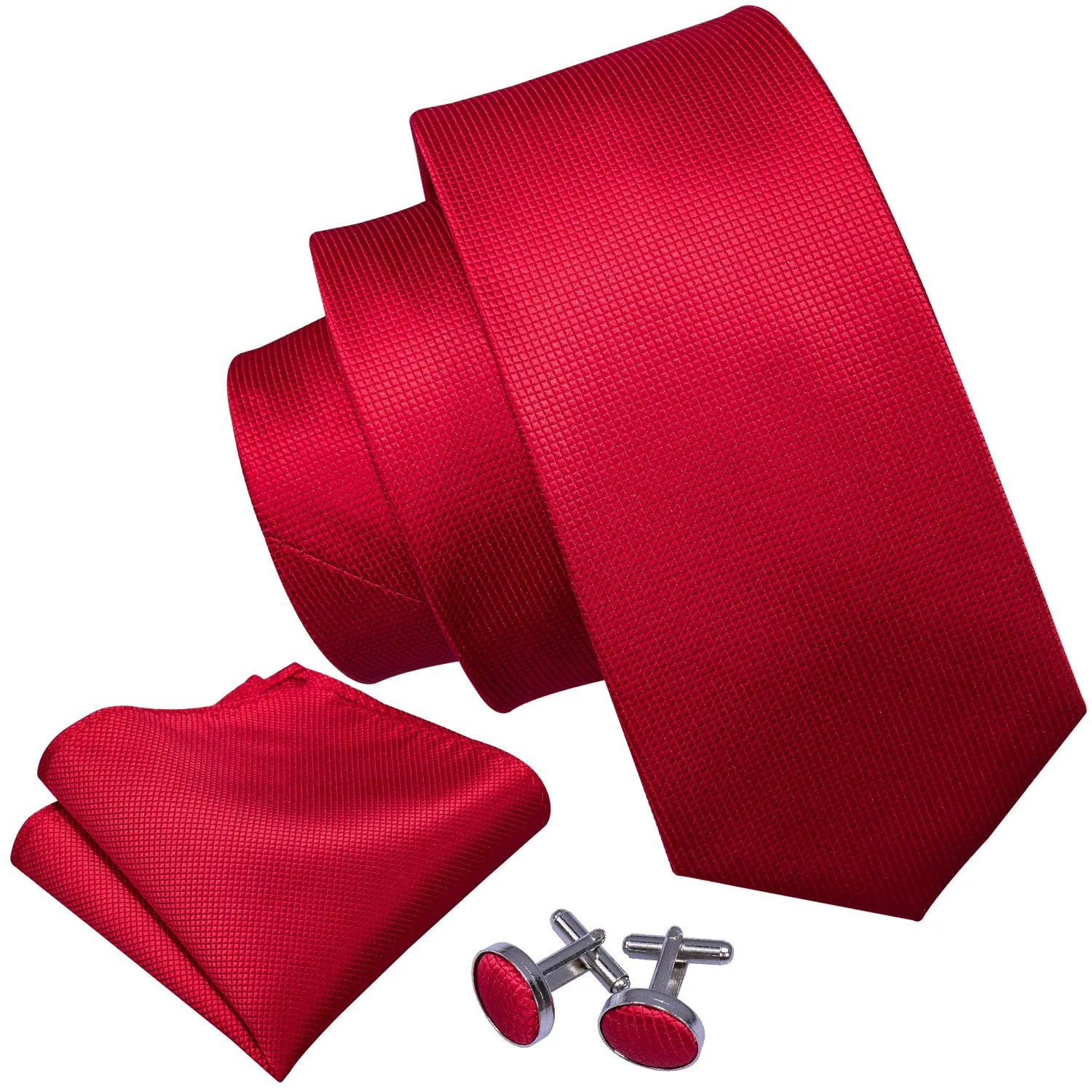 Hi-Tie Solid Red Necktie Pocket Square Cufflinks Set for Men