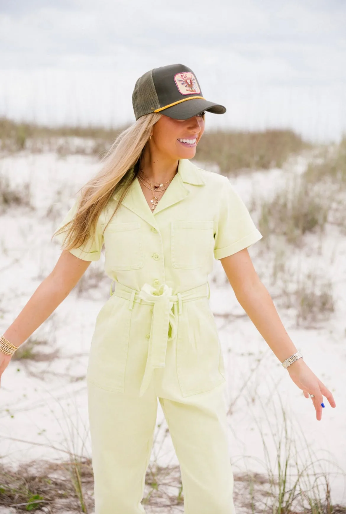 Kylie Washed Utility Jumpsuit - Lime Yellow