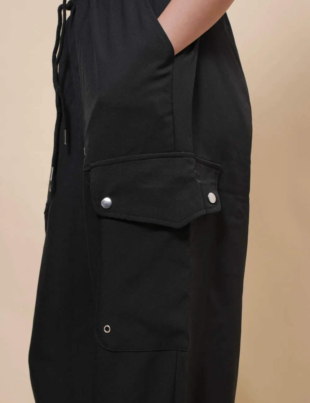 Ladies Black Elastic Waist Eyelets Pockets Pants SKP371