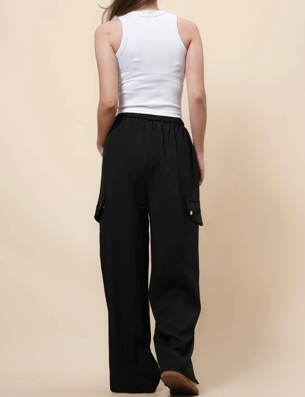 Ladies Black Elastic Waist Eyelets Pockets Pants SKP371