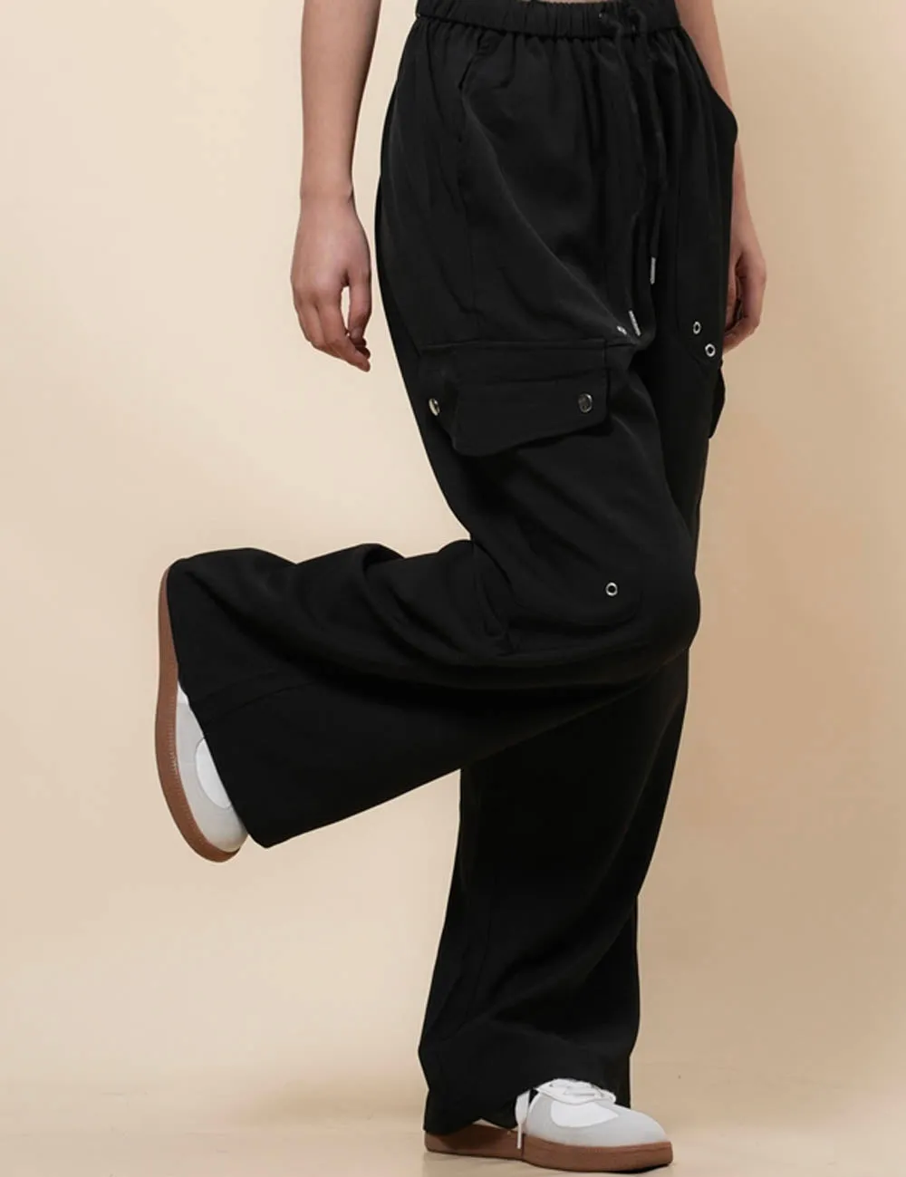 Ladies Black Elastic Waist Eyelets Pockets Pants SKP371