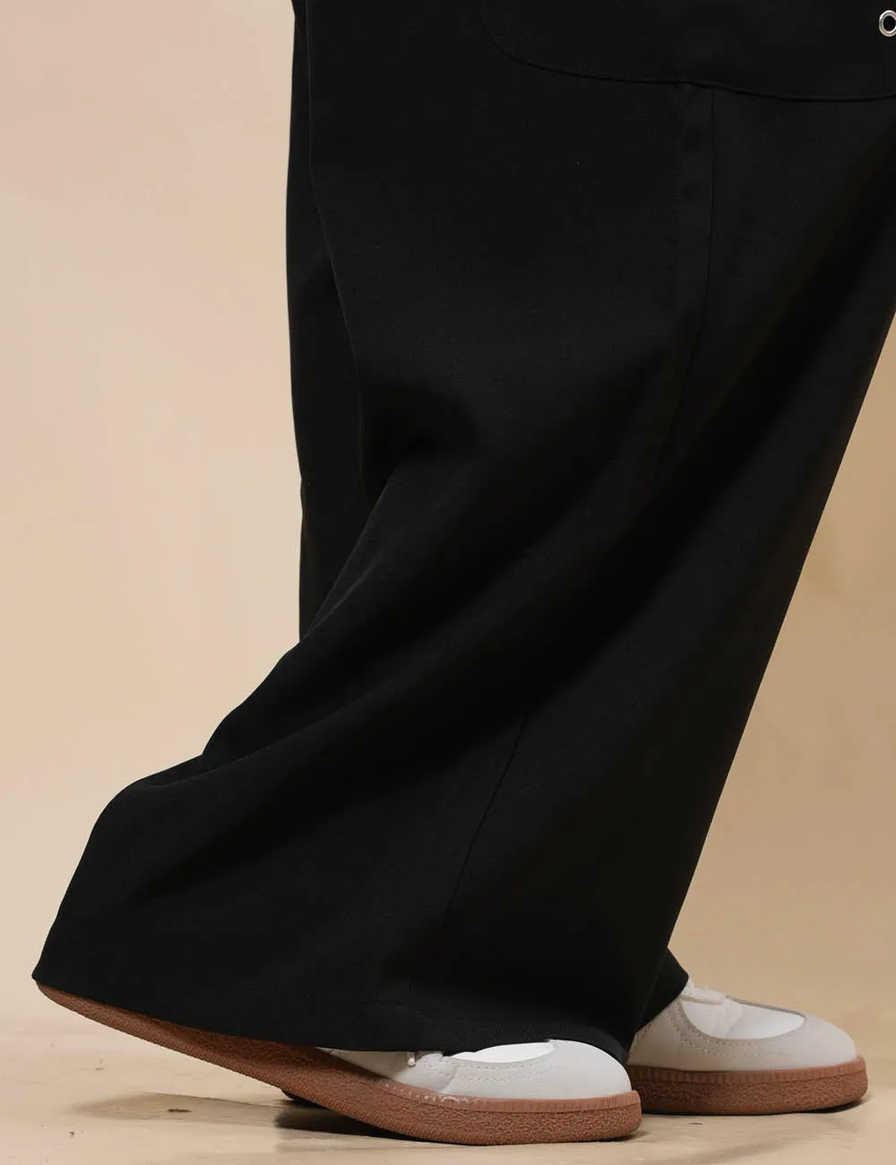 Ladies Black Elastic Waist Eyelets Pockets Pants SKP371