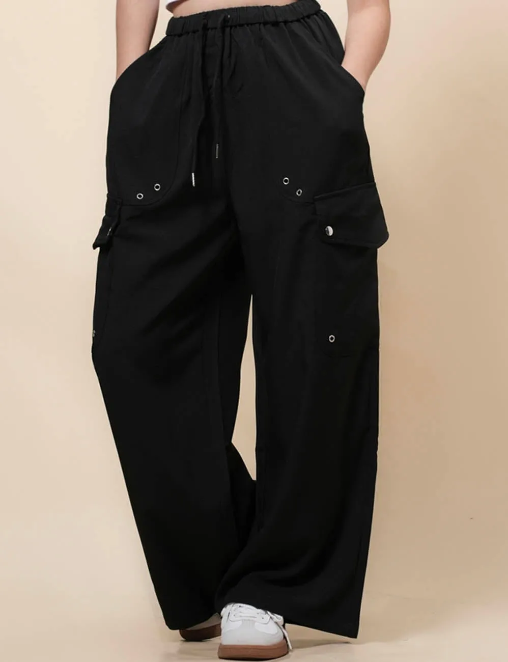 Ladies Black Elastic Waist Eyelets Pockets Pants SKP371