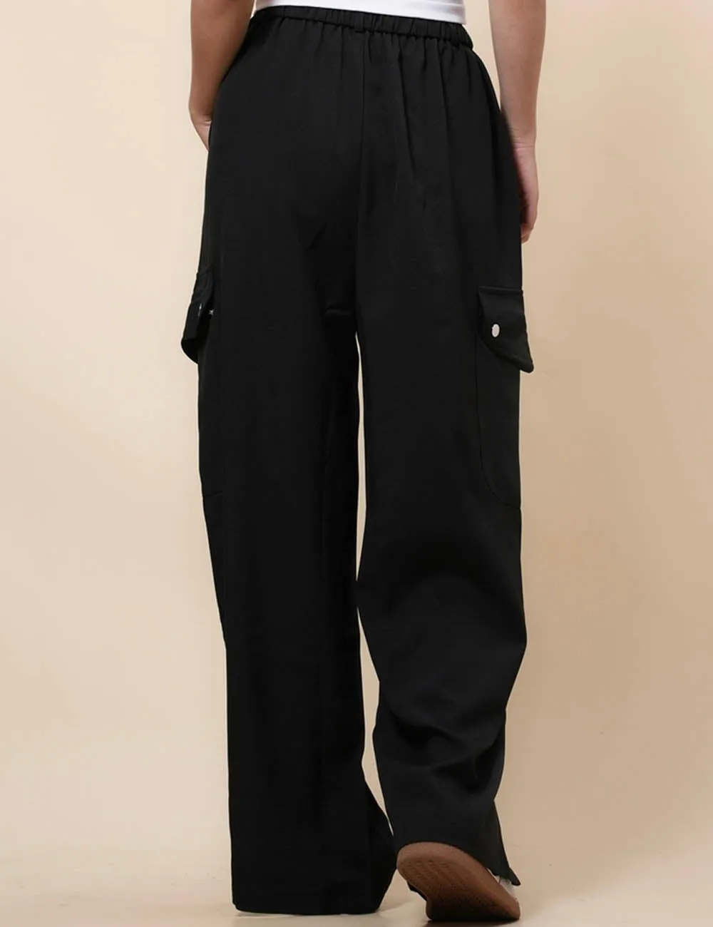 Ladies Black Elastic Waist Eyelets Pockets Pants SKP371