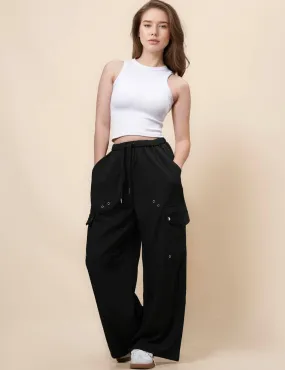 Ladies Black Elastic Waist Eyelets Pockets Pants SKP371