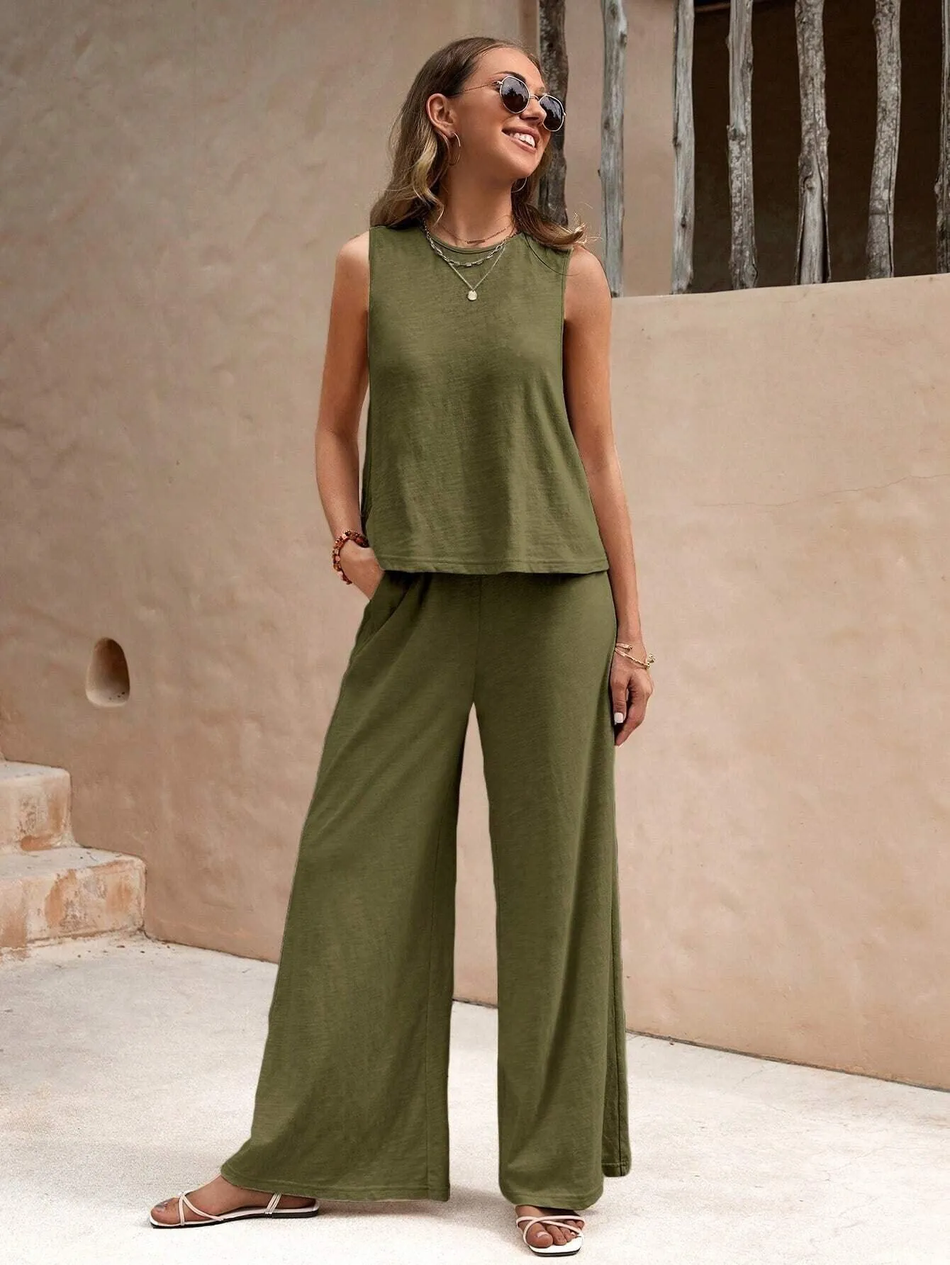 Ladies Solid Color Sleeveless Vest and Pants Sets AXR366