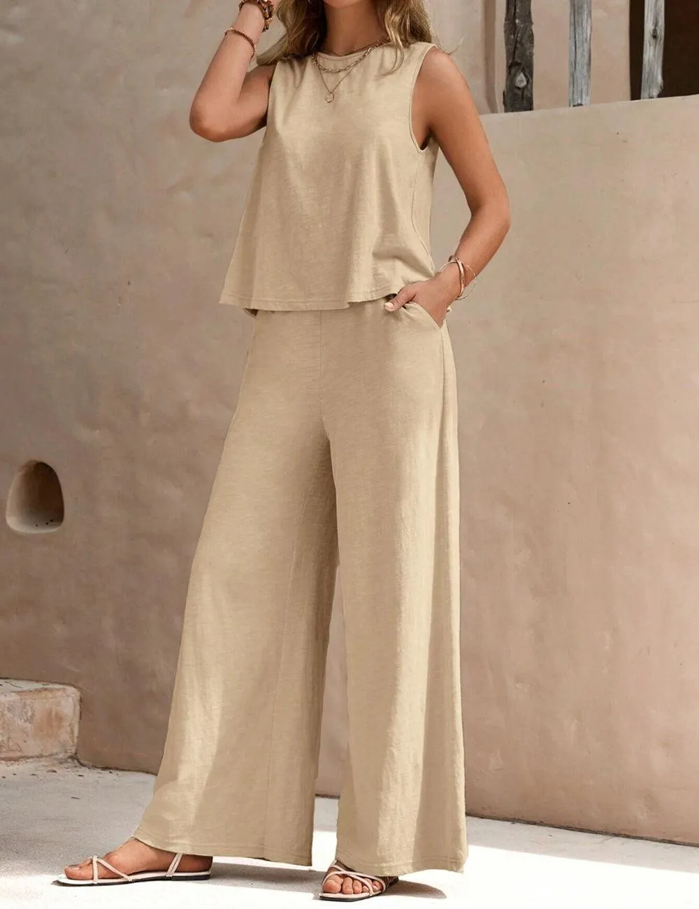 Ladies Solid Color Sleeveless Vest and Pants Sets AXR366