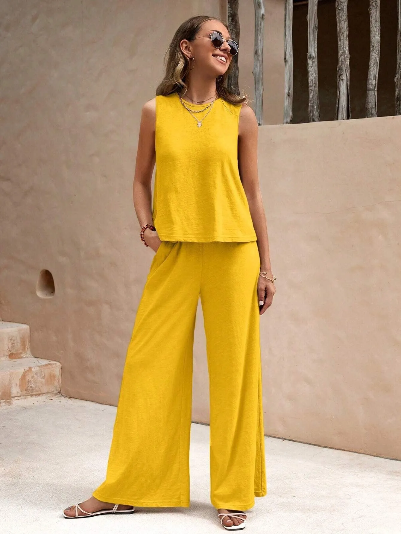 Ladies Solid Color Sleeveless Vest and Pants Sets AXR366