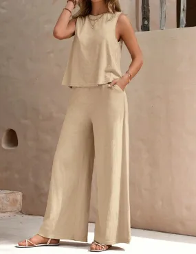 Ladies Solid Color Sleeveless Vest and Pants Sets AXR366