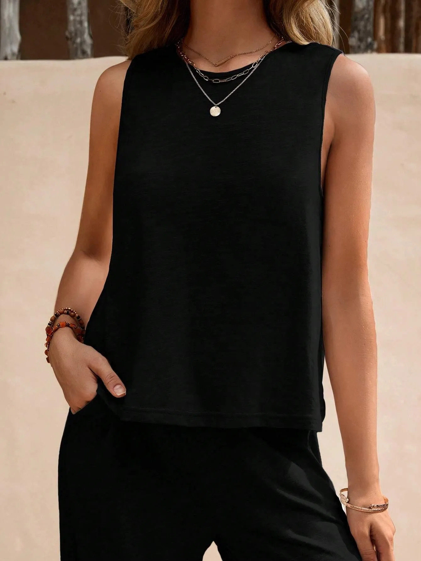 Ladies Solid Color Sleeveless Vest and Pants Sets AXR366