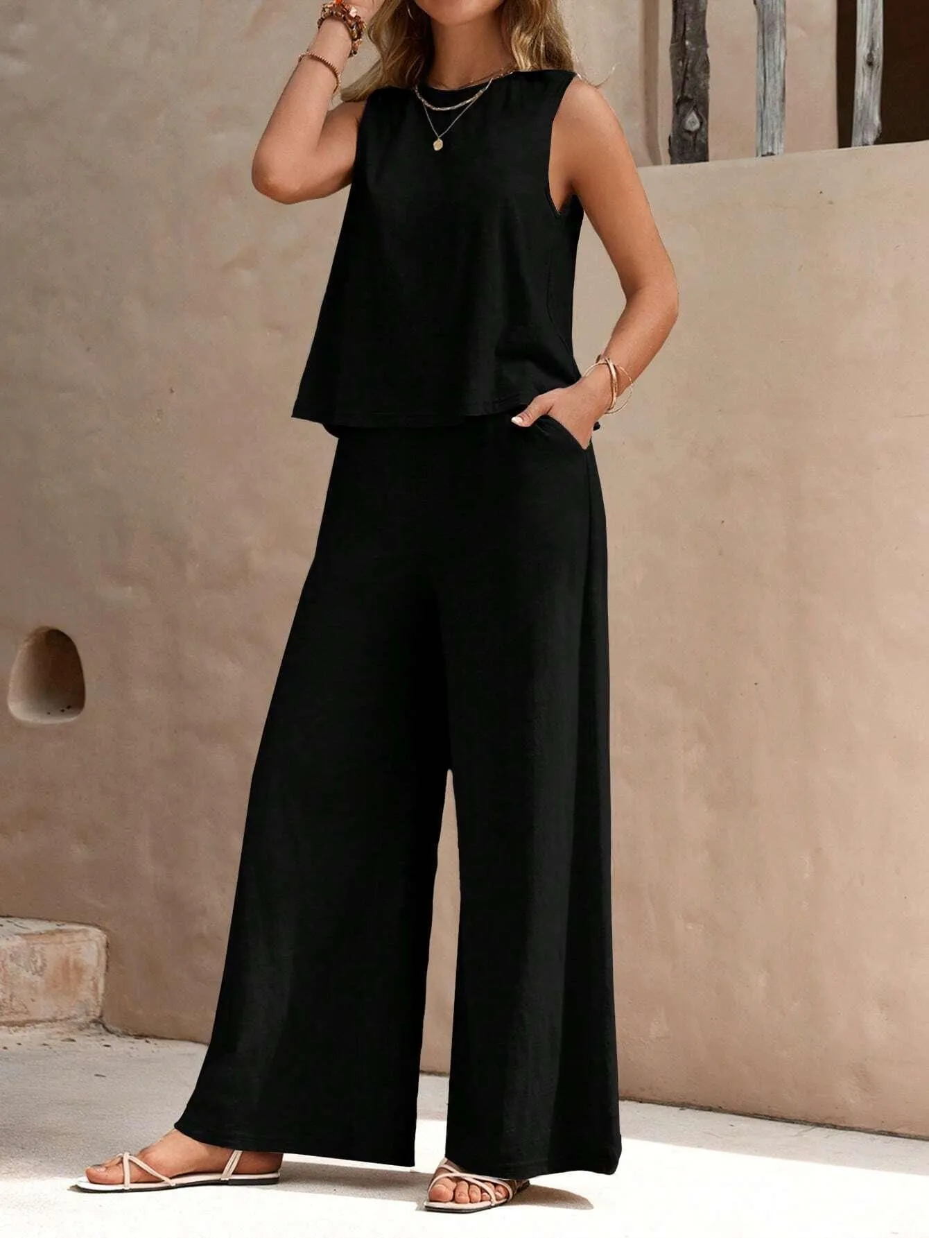 Ladies Solid Color Sleeveless Vest and Pants Sets AXR366
