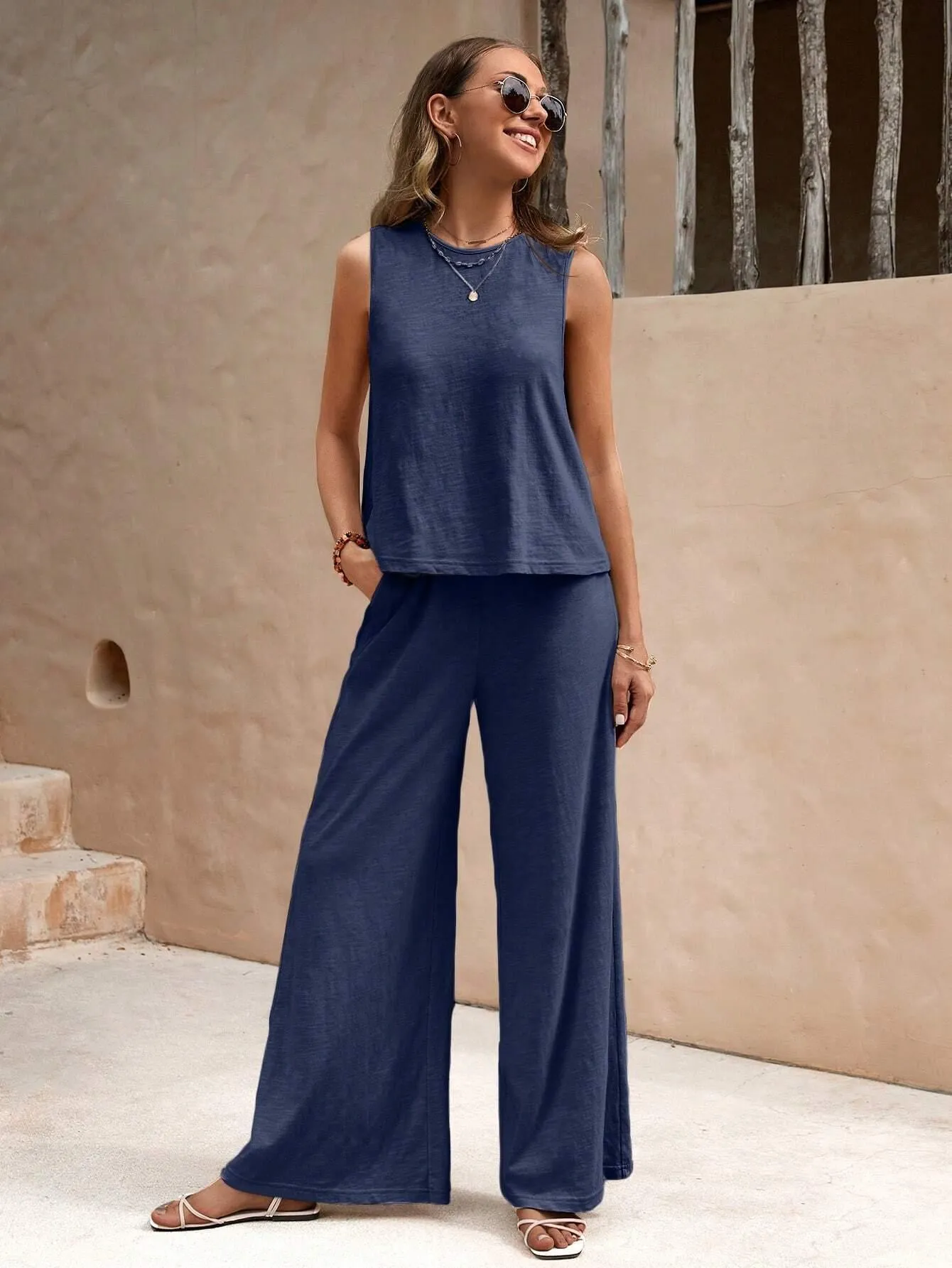 Ladies Solid Color Sleeveless Vest and Pants Sets AXR366