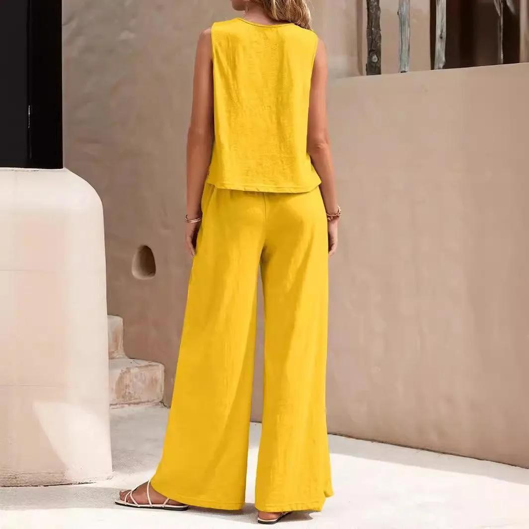 Ladies Solid Color Sleeveless Vest and Pants Sets AXR366
