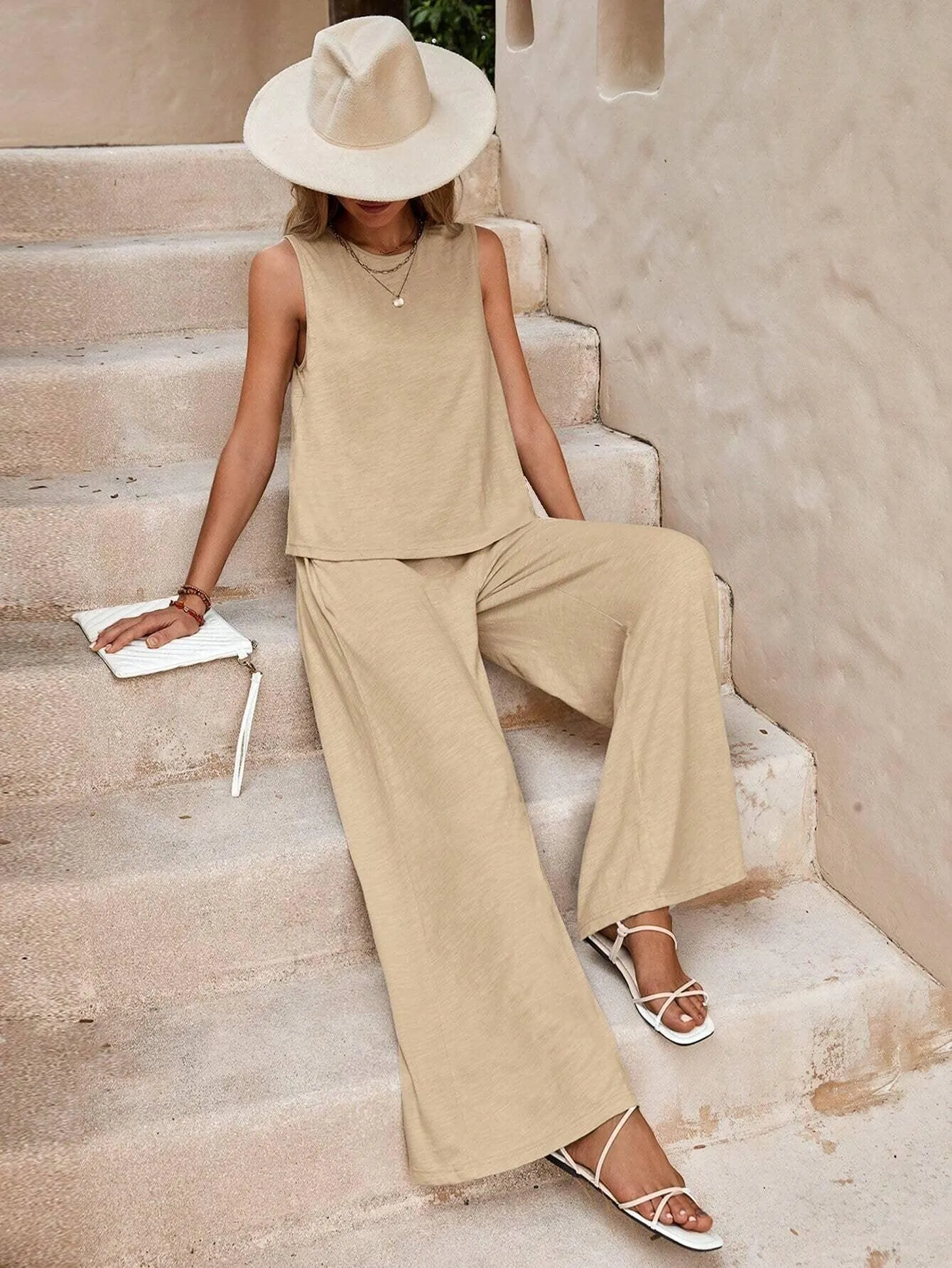 Ladies Solid Color Sleeveless Vest and Pants Sets AXR366