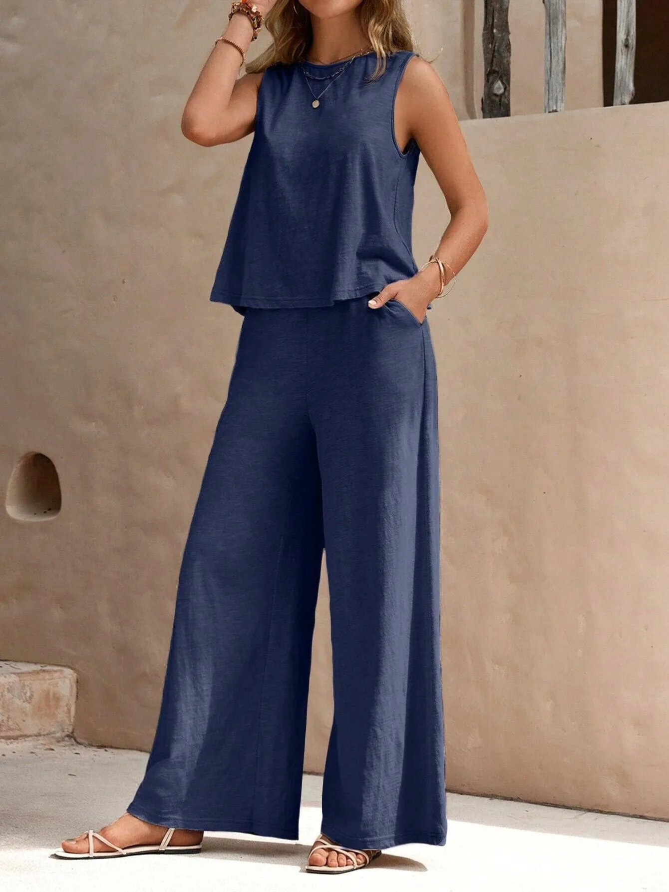 Ladies Solid Color Sleeveless Vest and Pants Sets AXR366