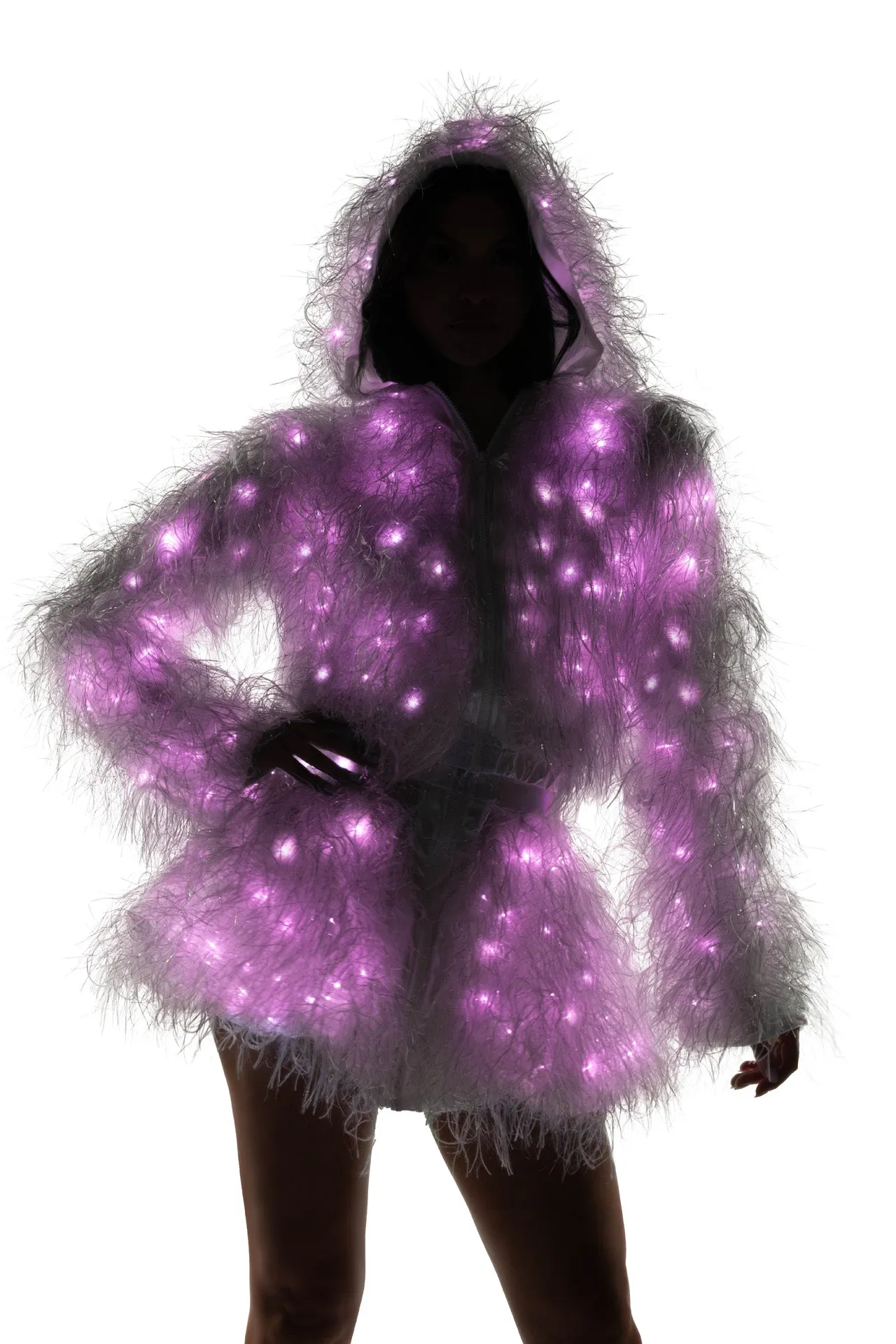 Light-Up Lurex Shag Hooded Cropped Jacket